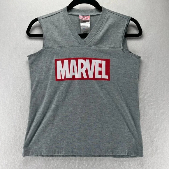 Marvel Tops - Marvel Tank Top Womens Size XS Spell Out Logo V-Neck Sleeveless Jersey Gray